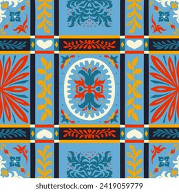 Indian embroidery with flowers and leaves. Italian majolica tile. Ceramic dishes, folk print. Mexican Talavera. Portuguese azulejo, spanish patchwork. Damask floral background. Hand drawn, not AI