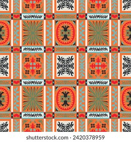 Indian embroidery with flowers and leaves. Italian majolica tile. Ceramic dishes, folk print. Mexican Talavera. Portuguese azulejo, spanish patchwork. Damask floral background. Hand drawn, not AI