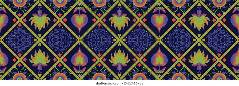 Indian embroidery with flowers and leaves. Italian majolica tile. Ceramic dishes, folk print. Mexican Talavera. Portuguese azulejo, spanish patchwork. Damask floral background. Hand drawn, not AI