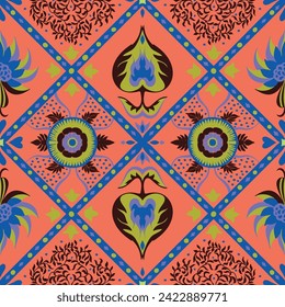Indian embroidery with flowers and leaves. Italian majolica tile. Ceramic dishes, folk print. Mexican Talavera. Portuguese azulejo, spanish patchwork. Damask floral background. Hand drawn, not AI