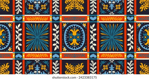 Indian embroidery with flowers and leaves. Italian majolica tile. Ceramic dishes, folk print. Mexican Talavera. Portuguese azulejo, spanish patchwork. Damask floral background. Hand drawn, not AI