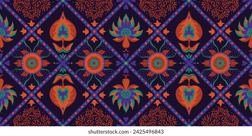 Indian embroidery with flowers and leaves. Italian majolica tile. Ceramic dishes, folk print. Mexican Talavera. Portuguese azulejo, spanish patchwork. Damask floral background. Hand drawn, not AI