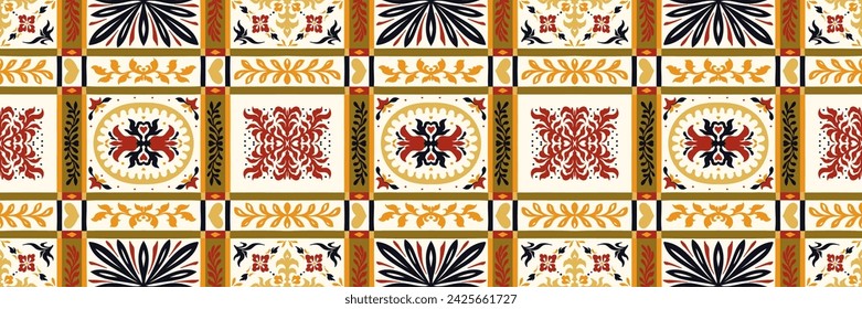 Indian embroidery with flowers and leaves. Italian majolica tile. Ceramic dishes, folk print. Mexican Talavera. Portuguese azulejo, spanish patchwork. Damask floral background. Hand drawn, not AI