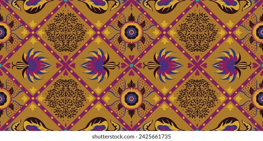 Indian embroidery with flowers and leaves. Italian majolica tile. Ceramic dishes, folk print. Mexican Talavera. Portuguese azulejo, spanish patchwork. Damask floral background. Hand drawn, not AI