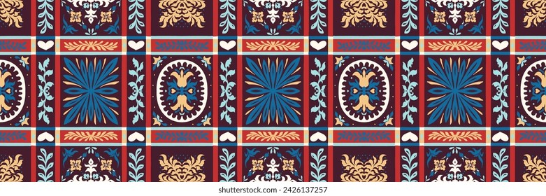 Indian embroidery with flowers and leaves. Italian majolica tile. Ceramic dishes, folk print. Mexican Talavera. Portuguese azulejo, spanish patchwork. Damask floral background. Hand drawn, not AI