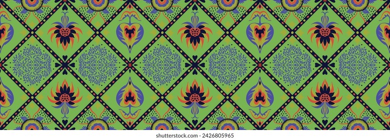 Indian embroidery with flowers and leaves. Italian majolica tile. Ceramic dishes, folk print. Mexican Talavera. Portuguese azulejo, spanish patchwork. Damask floral background. Hand drawn, not AI