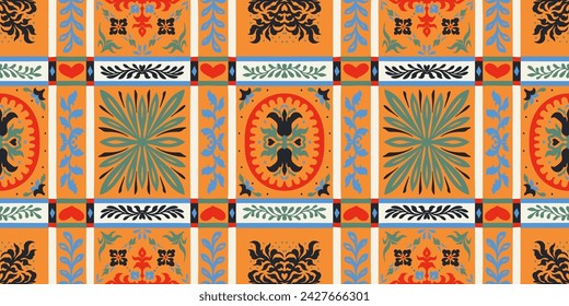 Indian embroidery with flowers and leaves. Italian majolica tile. Ceramic dishes, folk print. Mexican Talavera. Portuguese azulejo, spanish patchwork. Damask floral background. Hand drawn, not AI