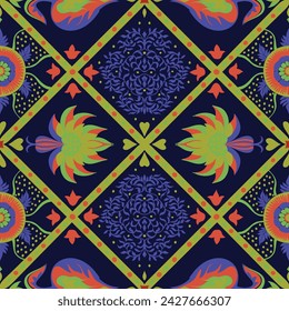 Indian embroidery with flowers and leaves. Italian majolica tile. Ceramic dishes, folk print. Mexican Talavera. Portuguese azulejo, spanish patchwork. Damask floral background. Hand drawn, not AI