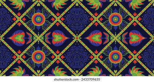 Indian embroidery with flowers and leaves. Italian majolica tile. Ceramic dishes, folk print. Mexican Talavera. Portuguese azulejo, spanish patchwork. Damask floral background. Hand drawn, not AI