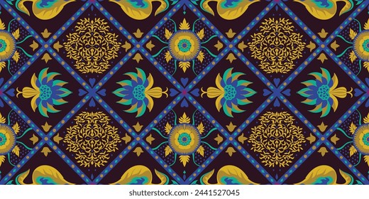 Indian embroidery with flowers and leaves. Italian majolica tile. Ceramic dishes, folk print. Mexican Talavera. Portuguese azulejo, spanish patchwork. Damask floral background. Hand drawn, not AI