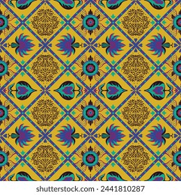 Indian embroidery with flowers and leaves. Italian majolica tile. Ceramic dishes, folk print. Mexican Talavera. Portuguese azulejo, spanish patchwork. Damask floral background. Hand drawn, not AI