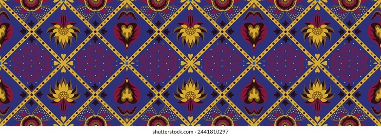 Indian embroidery with flowers and leaves. Italian majolica tile. Ceramic dishes, folk print. Mexican Talavera. Portuguese azulejo, spanish patchwork. Damask floral background. Hand drawn, not AI