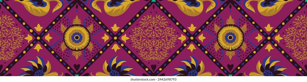 Indian embroidery with flowers and leaves. Italian majolica tile. Ceramic dishes, folk print. Mexican Talavera. Portuguese azulejo, spanish patchwork. Damask floral background. Hand drawn, not AI
