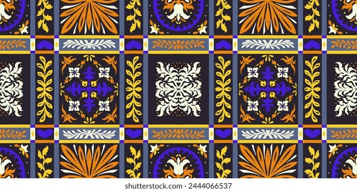 Indian embroidery with flowers and leaves. Italian majolica tile. Ceramic dishes, folk print. Mexican Talavera. Portuguese azulejo, spanish patchwork. Damask floral background. Hand drawn, not AI