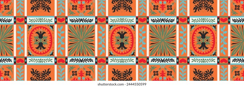 Indian embroidery with flowers and leaves. Italian majolica tile. Ceramic dishes, folk print. Mexican Talavera. Portuguese azulejo, spanish patchwork. Damask floral background. Hand drawn, not AI