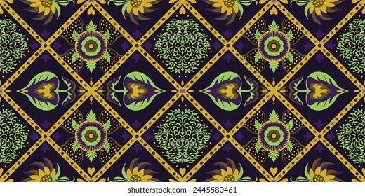 Indian embroidery with flowers and leaves. Italian majolica tile. Ceramic dishes, folk print. Mexican Talavera. Portuguese azulejo, spanish patchwork. Damask floral background. Hand drawn, not AI