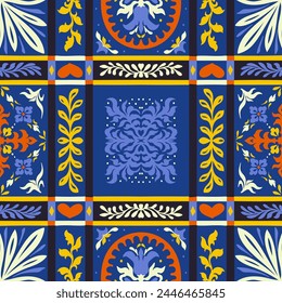 Indian embroidery with flowers and leaves. Italian majolica tile. Ceramic dishes, folk print. Mexican Talavera. Portuguese azulejo, spanish patchwork. Damask floral background. Hand drawn, not AI