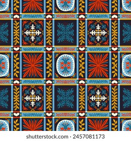 Indian embroidery with flowers and leaves. Italian majolica tile. Ceramic dishes, folk print. Mexican Talavera. Portuguese azulejo, spanish patchwork. Damask floral background. Hand drawn, not AI