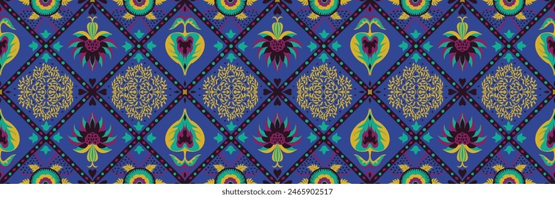 Bordado indio con flores y hojas. Azulejo de mayólica italiana. Platos de cerámica, estampado popular. Talavera mexicana. Azulejo portugués, patchwork español. Fondo floral de damasco. Dibujado a mano, no AI