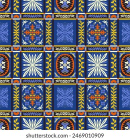 Bordado indio con flores y hojas. Azulejo de mayólica italiana. Platos de cerámica, estampado popular. Talavera mexicana. Azulejo portugués, patchwork español. Fondo floral de damasco. Dibujado a mano, no AI