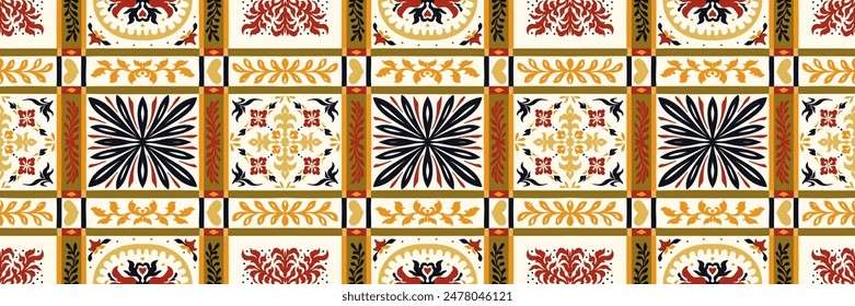 Indian embroidery with flowers and leaves. Italian majolica tile. Ceramic dishes, folk print. Mexican Talavera. Portuguese azulejo, spanish patchwork. Damask floral background. Hand drawn, not AI