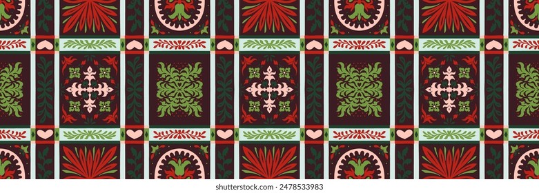 Indian embroidery with flowers and leaves. Italian majolica tile. Ceramic dishes, folk print. Mexican Talavera. Portuguese azulejo, spanish patchwork. Damask floral background. Hand drawn, not AI