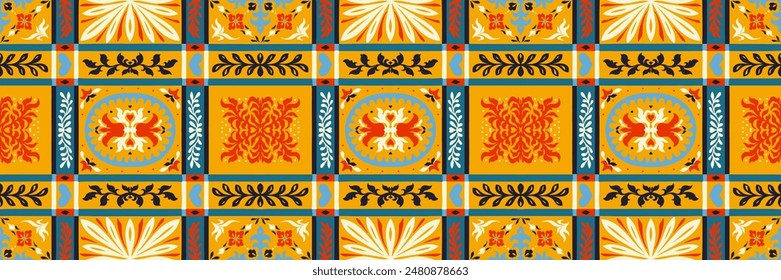 Indian embroidery with flowers and leaves. Italian majolica tile. Ceramic dishes, folk print. Mexican Talavera. Portuguese azulejo, spanish patchwork. Damask floral background. Hand drawn, not AI