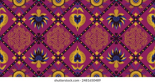 Indian embroidery with flowers and leaves. Italian majolica tile. Ceramic dishes, folk print. Mexican Talavera. Portuguese azulejo, spanish patchwork. Damask floral background. Hand drawn, not AI