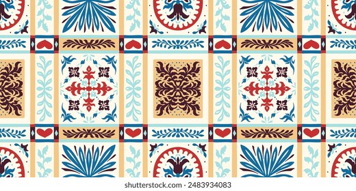 Indische Stickerei mit Blumen und Blättern. Italienische Majolika-Fliese. Keramikgeschirr, Volksmuster. In: Mexican Talavera. Portugiesisches Azulejo, spanisches Patchwork. Damast Blumenhintergrund. Handgezeichnet, keine KI