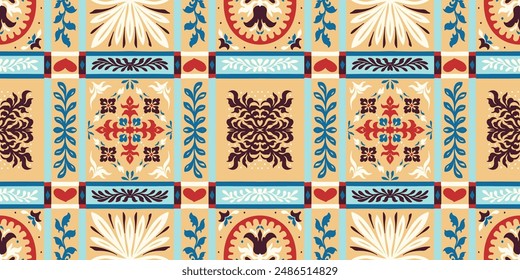 Indian embroidery with flowers and leaves. Italian majolica tile. Ceramic dishes, folk print. Mexican Talavera. Portuguese azulejo, spanish patchwork. Damask floral background. Hand drawn, not AI