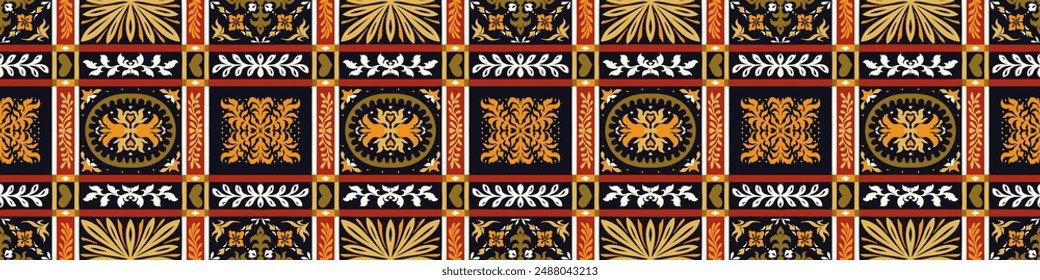 Indian embroidery with flowers and leaves. Italian majolica tile. Ceramic dishes, folk print. Mexican Talavera. Portuguese azulejo, spanish patchwork. Damask floral background. Hand drawn, not AI
