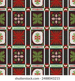Indian embroidery with flowers and leaves. Italian majolica tile. Ceramic dishes, folk print. Mexican Talavera. Portuguese azulejo, spanish patchwork. Damask floral background. Hand drawn, not AI