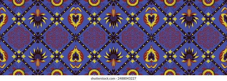 Indian embroidery with flowers and leaves. Italian majolica tile. Ceramic dishes, folk print. Mexican Talavera. Portuguese azulejo, spanish patchwork. Damask floral background. Hand drawn, not AI