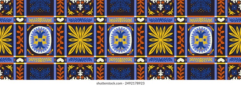 Indian embroidery with flowers and leaves. Italian majolica tile. Ceramic dishes, folk print. Mexican Talavera. Portuguese azulejo, spanish patchwork. Damask floral background. Hand drawn, not AI