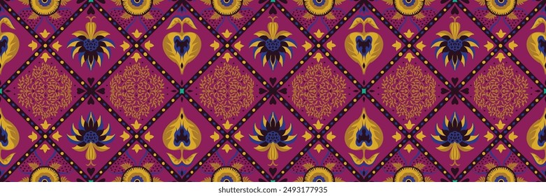 Indian embroidery with flowers and leaves. Italian majolica tile. Ceramic dishes, folk print. Mexican Talavera. Portuguese azulejo, spanish patchwork. Damask floral background. Hand drawn, not AI