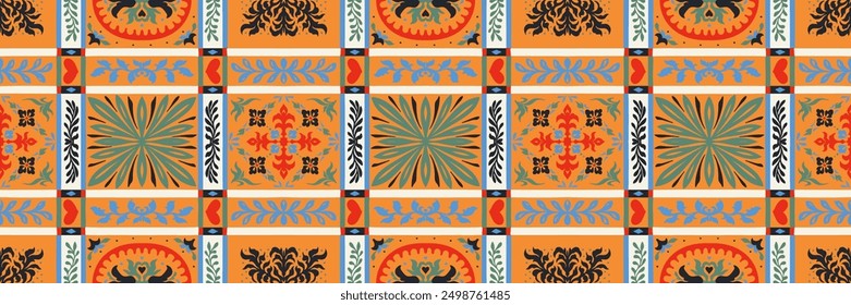 Indian embroidery with flowers and leaves. Italian majolica tile. Ceramic dishes, folk print. Mexican Talavera. Portuguese azulejo, spanish patchwork. Damask floral background. Hand drawn, not AI