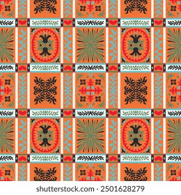 Indian embroidery with flowers and leaves. Italian majolica tile. Ceramic dishes, folk print. Mexican Talavera. Portuguese azulejo, spanish patchwork. Damask floral background. Hand drawn, not AI