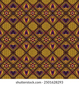 Indian embroidery with flowers and leaves. Italian majolica tile. Ceramic dishes, folk print. Mexican Talavera. Portuguese azulejo, spanish patchwork. Damask floral background. Hand drawn, not AI
