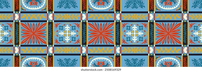 Indian embroidery with flowers and leaves. Italian majolica tile. Ceramic dishes, folk print. Mexican Talavera. Portuguese azulejo, spanish patchwork. Damask floral background. Hand drawn, not AI