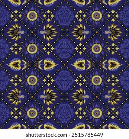 Indian embroidery with flowers and leaves. Italian majolica tile. Ceramic dishes, folk print. Mexican Talavera. Portuguese azulejo, spanish patchwork. Damask floral background. Hand drawn, not AI