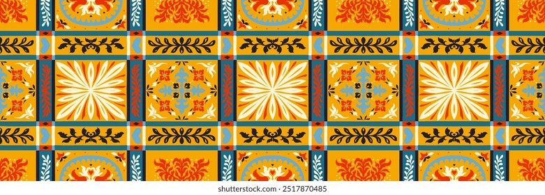 Indian embroidery with flowers and leaves. Italian majolica tile. Ceramic dishes, folk print. Mexican Talavera. Portuguese azulejo, spanish patchwork. Damask floral background. Hand drawn, not AI