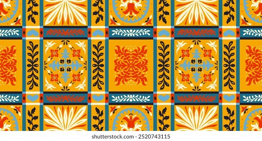 Indian embroidery with flowers and leaves. Italian majolica tile. Ceramic dishes, folk print. Mexican Talavera. Portuguese azulejo, spanish patchwork. Damask floral background. Hand drawn, not AI