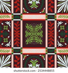 Indian embroidery with flowers and leaves. Italian majolica tile. Ceramic dishes, folk print. Mexican Talavera. Portuguese azulejo, spanish patchwork. Damask floral background. Hand drawn, not AI