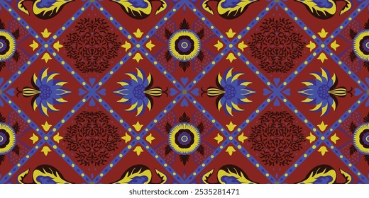 Indian embroidery with flowers and leaves. Italian majolica tile. Ceramic dishes, folk print. Mexican Talavera. Portuguese azulejo, spanish patchwork. Damask floral background. Hand drawn, not AI