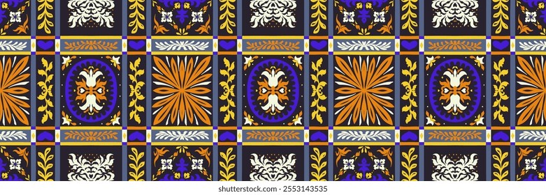 Indian embroidery with flowers and leaves. Italian majolica tile. Ceramic dishes, folk print. Mexican Talavera. Portuguese azulejo, spanish patchwork. Damask floral background. Hand drawn, not AI