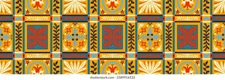 Indian embroidery with flowers and leaves. Italian majolica tile. Ceramic dishes, folk print. Mexican Talavera. Portuguese azulejo, spanish patchwork. Damask floral background. Hand drawn, not AI