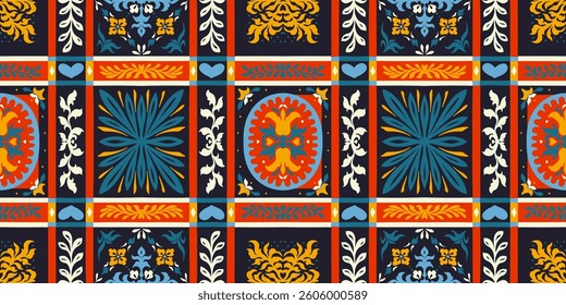 Indian embroidery with flowers and leaves. Italian majolica tile. Ceramic dishes, folk print. Mexican Talavera. Portuguese azulejo, spanish patchwork. Damask floral background. Hand drawn, not AI