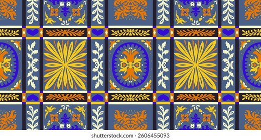 Indian embroidery with flowers and leaves. Italian majolica tile. Ceramic dishes, folk print. Mexican Talavera. Portuguese azulejo, spanish patchwork. Damask floral background. Hand drawn, not AI