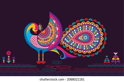 indian Embroidery peacocks, tropical birds seamless pattern. Fashionable template for design of clothes. Tails of peacocks art indian style