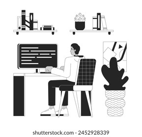 Indian employee working at home office black and white 2D line cartoon character. Outsource software developer man isolated vector outline person. Place of work monochromatic flat spot illustration